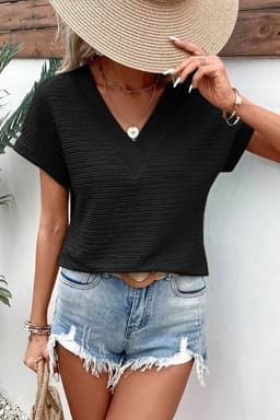 image-Khaki Textured Wide Sleeve V Neck T Shirt