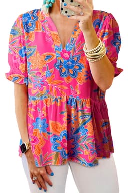 image-Rose Abstract Print Smocked Puff Sleeve V Neck Blouse