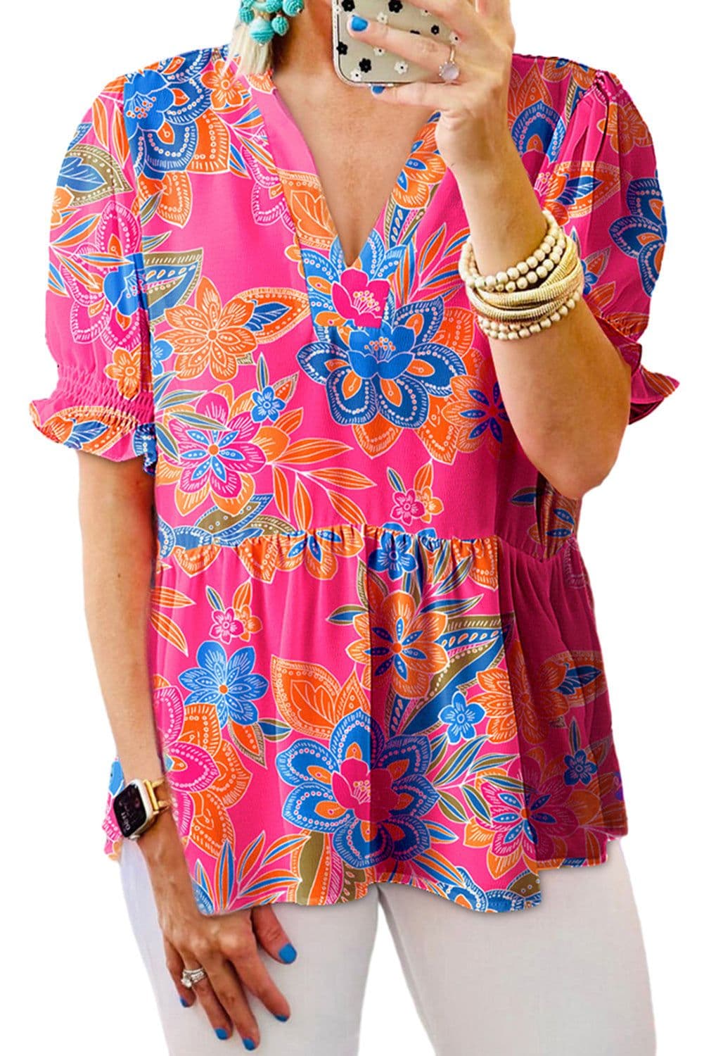 image-Rose Abstract Print Smocked Puff Sleeve V Neck Blouse