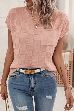 image-Pink Lattice Textured Knit Short Sleeve Sweater - Sizes S-3XL