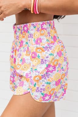 image-Pink Boho Floral Shirred High Waist Shorts