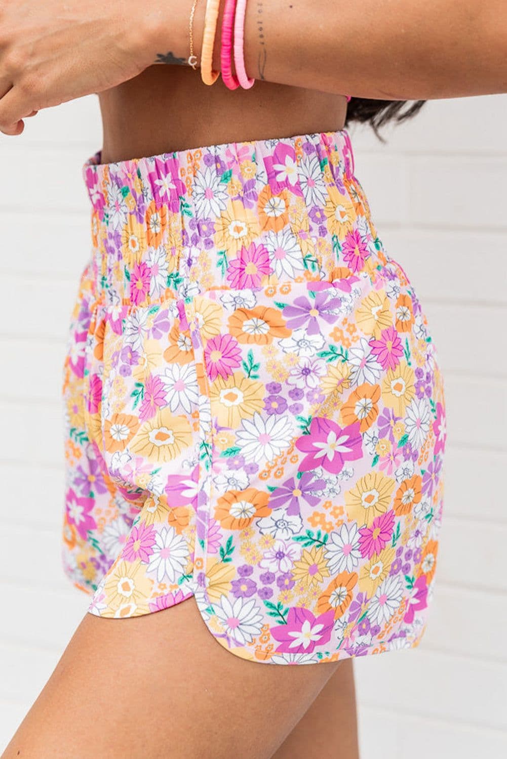 image-Pink Boho Floral Shirred High Waist Shorts