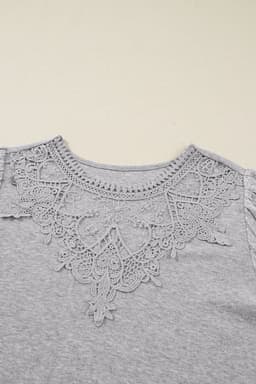 image-Gray Hollowed Lace Ribbed Knit Long Sleeve Patchwork Top