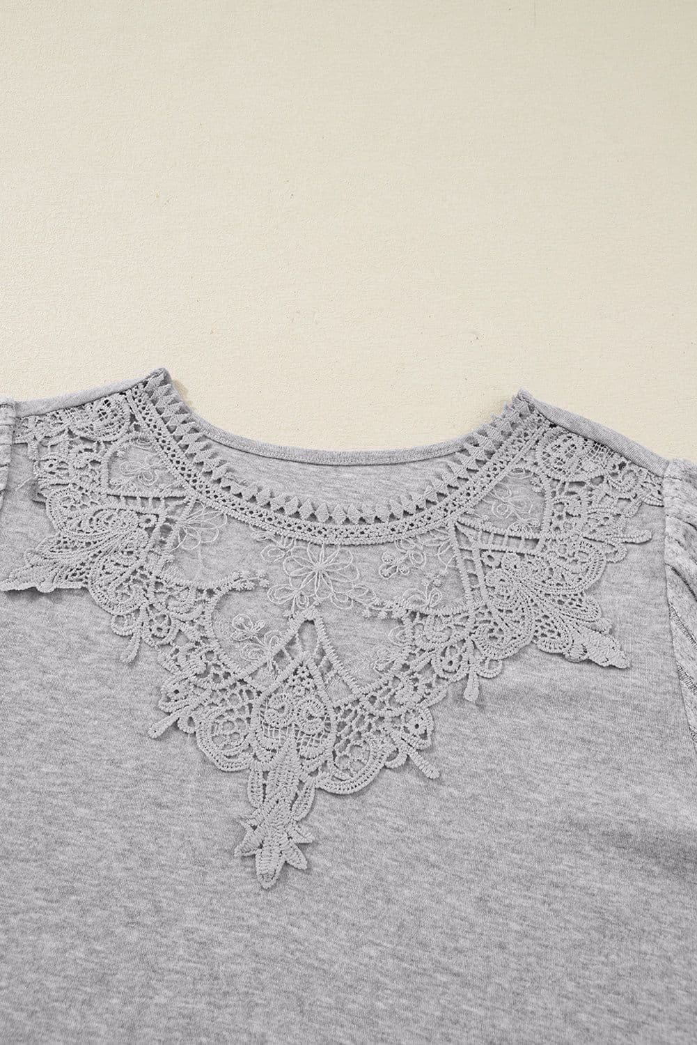 image-Gray Hollowed Lace Ribbed Knit Long Sleeve Patchwork Top