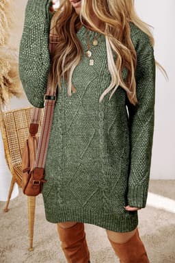 image-Oatmeal Cable Knit Drop Shoulder Loose Fit Sweater Dress