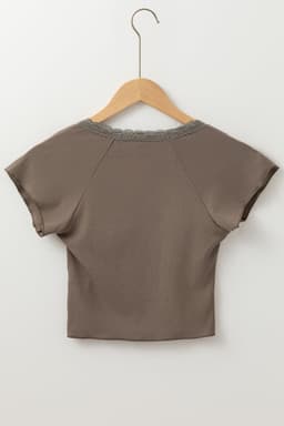 image-Slim Fit Dark Brown Criss Cross Lace V Neck T Shirt
