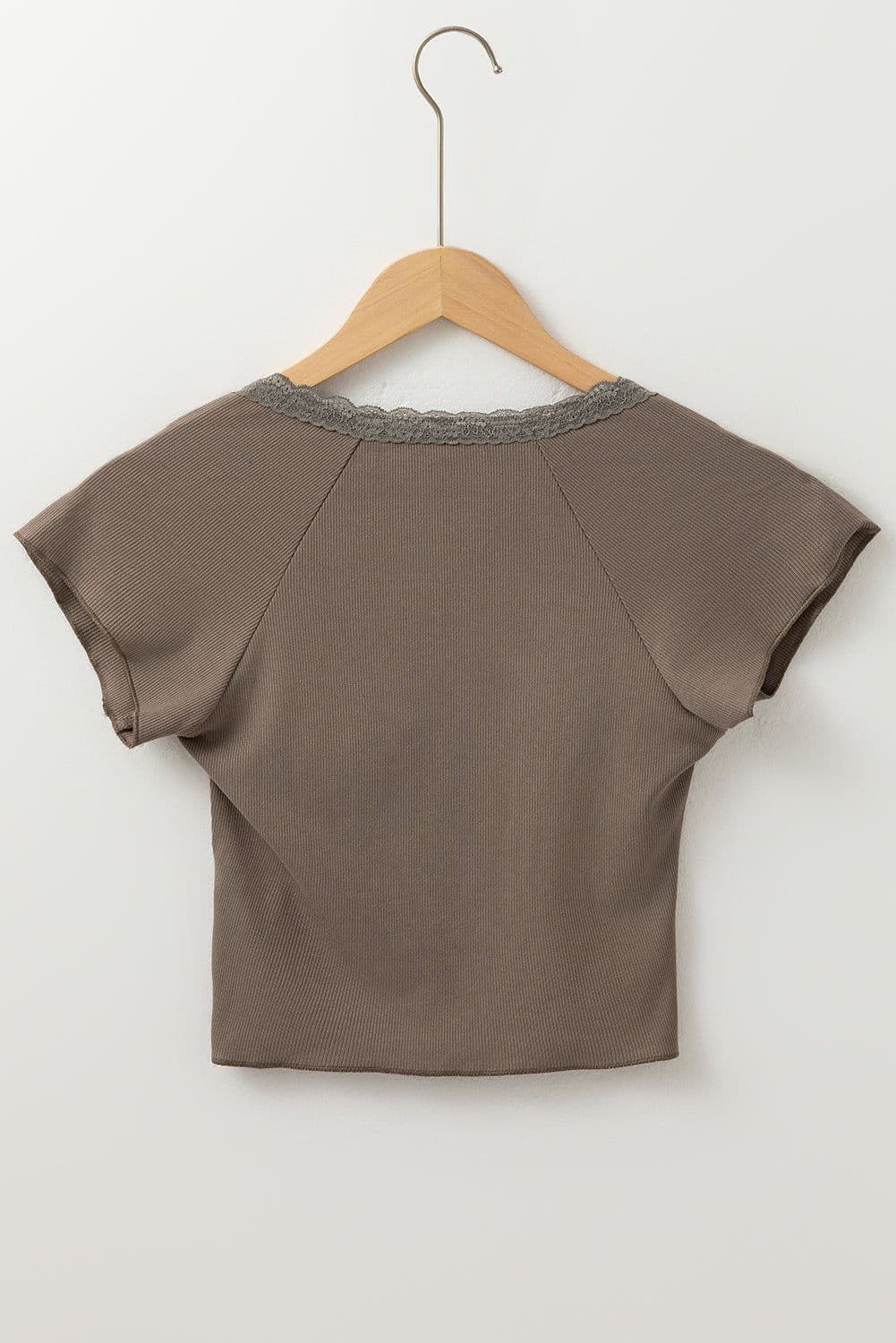 image-Slim Fit Dark Brown Criss Cross Lace V Neck T Shirt