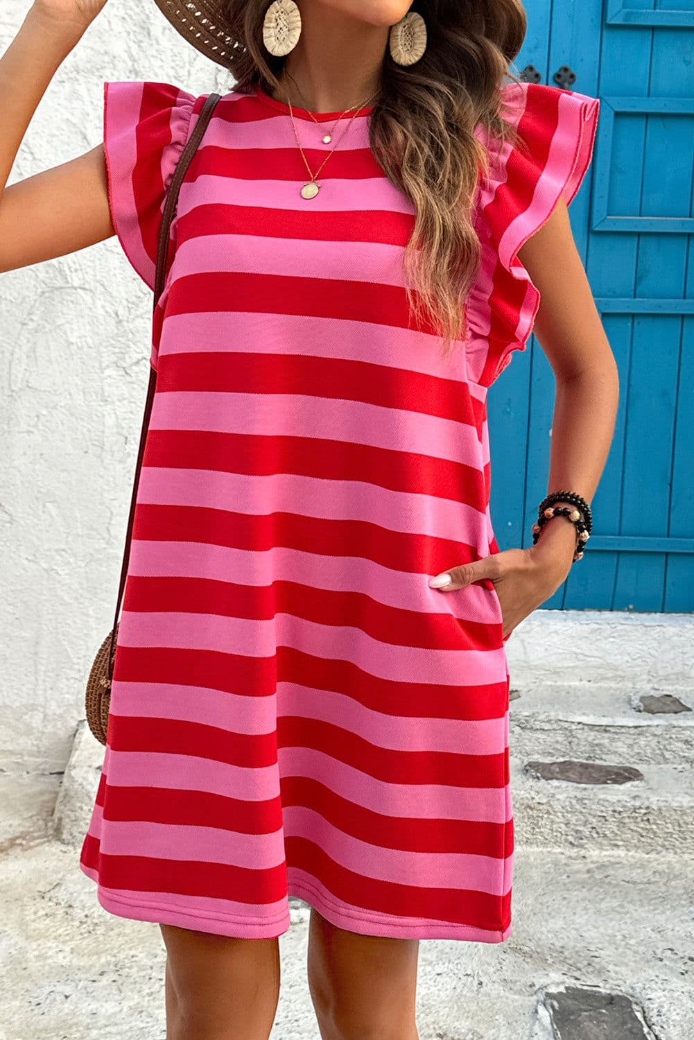 image-Red Stripe Flutter Sleeve Shift Dress