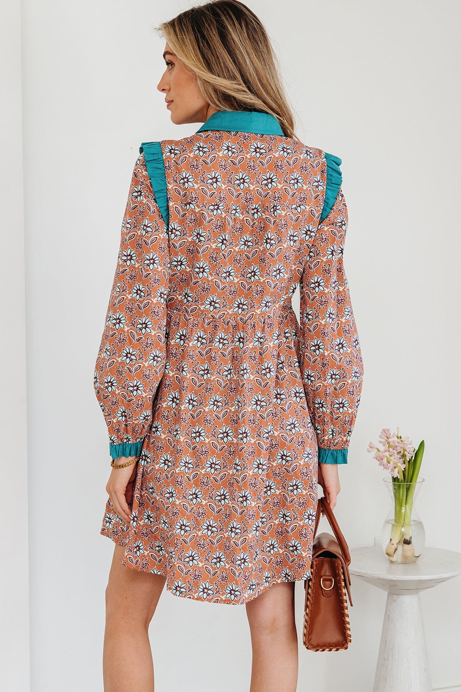 image-Orange Boho Floral Contrast Collared Shirt Dress