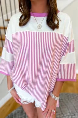 image-Phalaenopsis Striped Patchwork 3/4 Sleeve Top