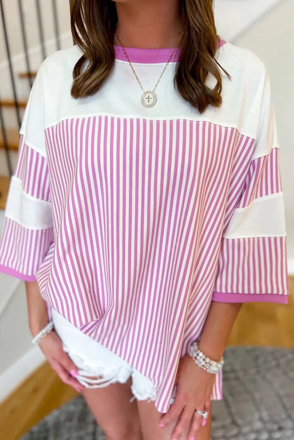 image-Phalaenopsis Striped Patchwork 3/4 Sleeve Top