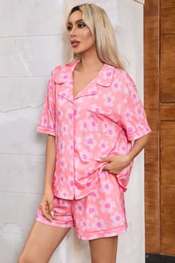 image-Green Flower Print Short Sleeve Pajamas Set