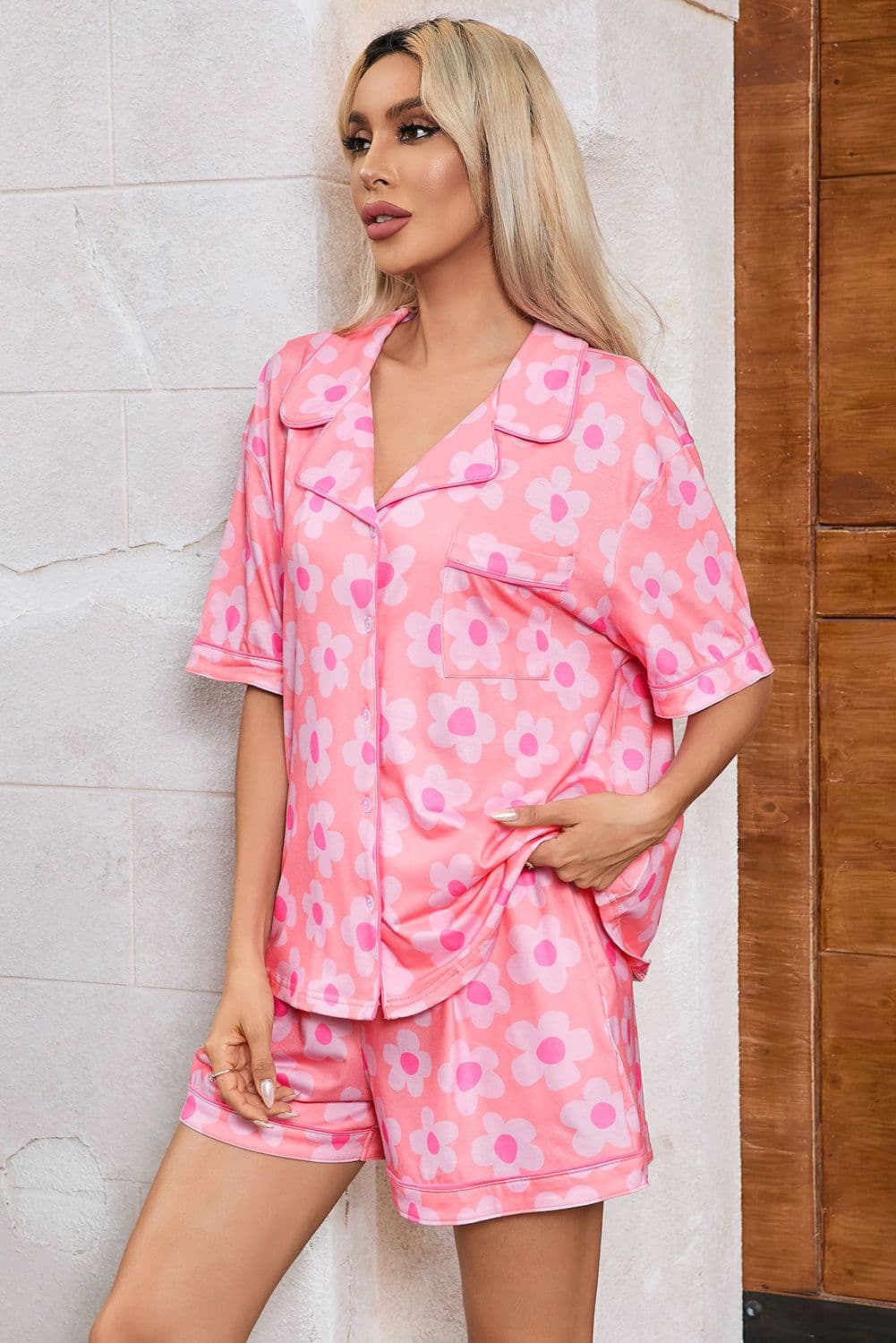 image-Green Flower Print Short Sleeve Pajamas Set