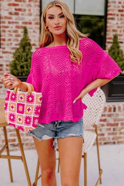 image-Rose Red Pointelle Knit Top - Short Sleeve, Scallop Edge, Delicate Design