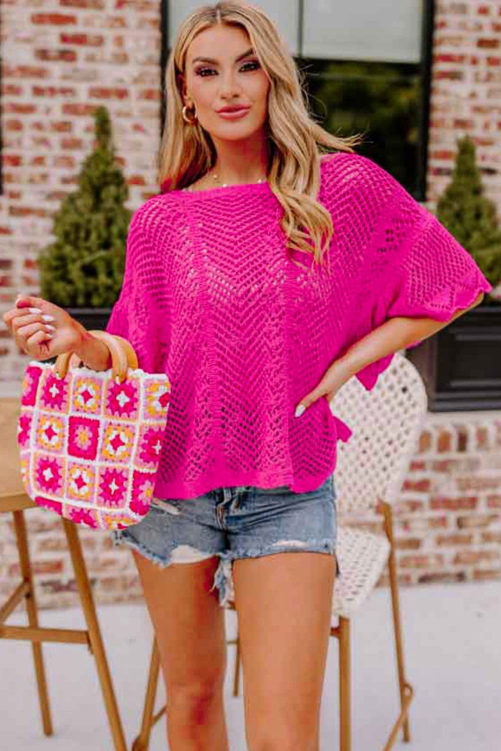image-Rose Red Pointelle Knit Top - Short Sleeve, Scallop Edge, Delicate Design