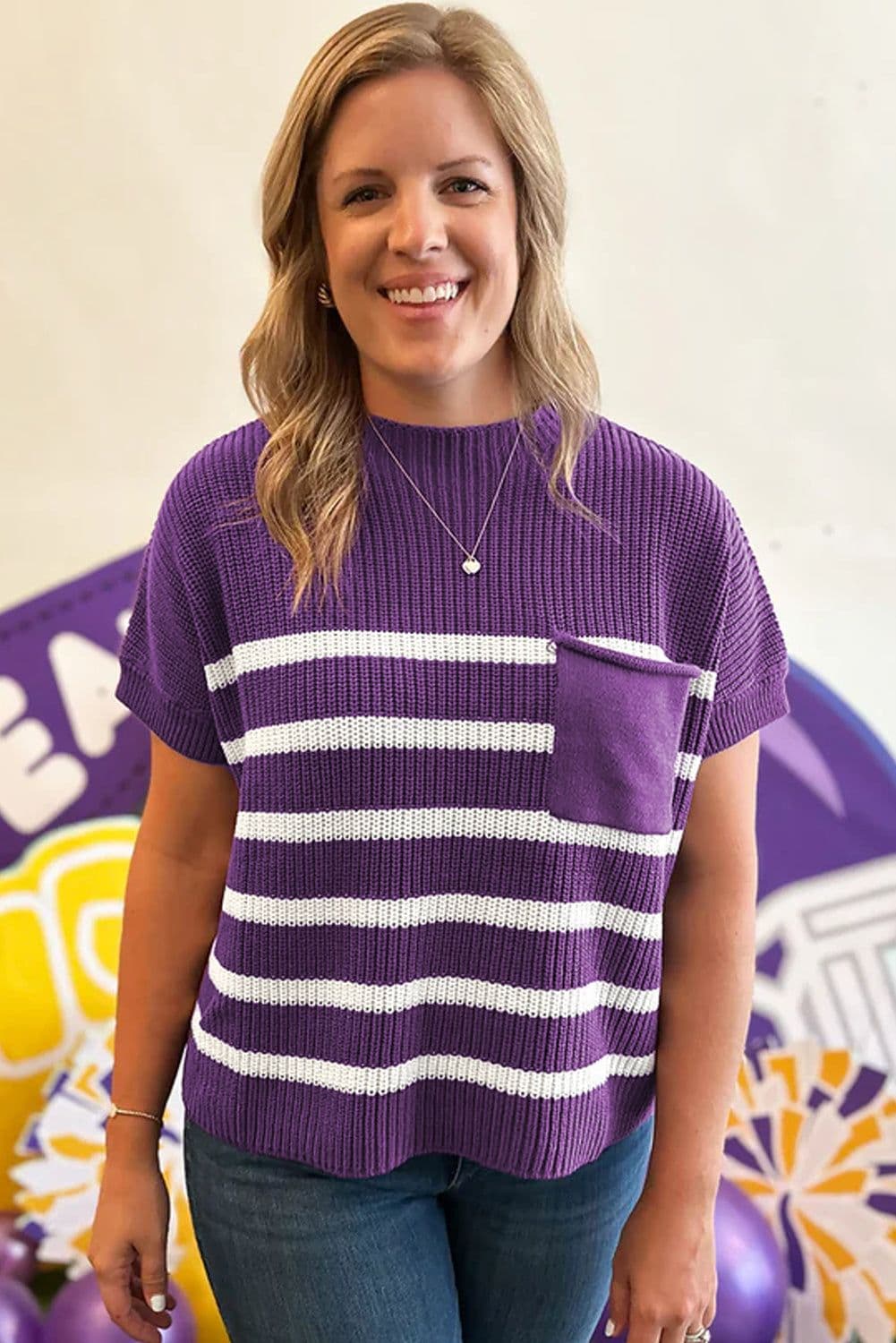 image-Purple Stripe Knit Sweater - Short Sleeve Raw Edge