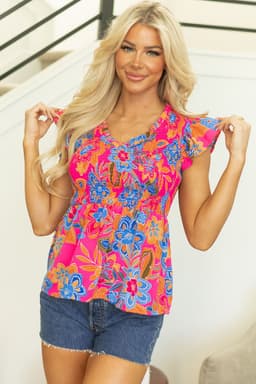 image-Floral Print Smocked Ruffle Trim Sleeve Blouse - Rose Red