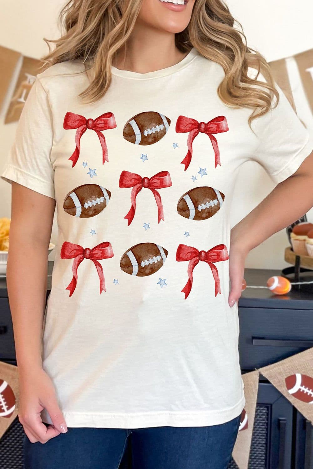 image-White Bowknot Rugby Graphic Crew Neck Tee