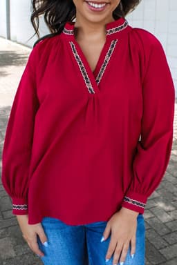 image-Racing Red Leopard Jacquard Print V Neck Textured Blouse