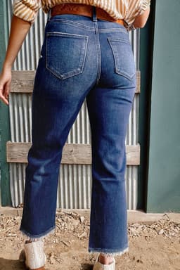 image-Beau Blue High Waist Flared Jeans - Raw Hem, Mineral Wash, 60" Modern