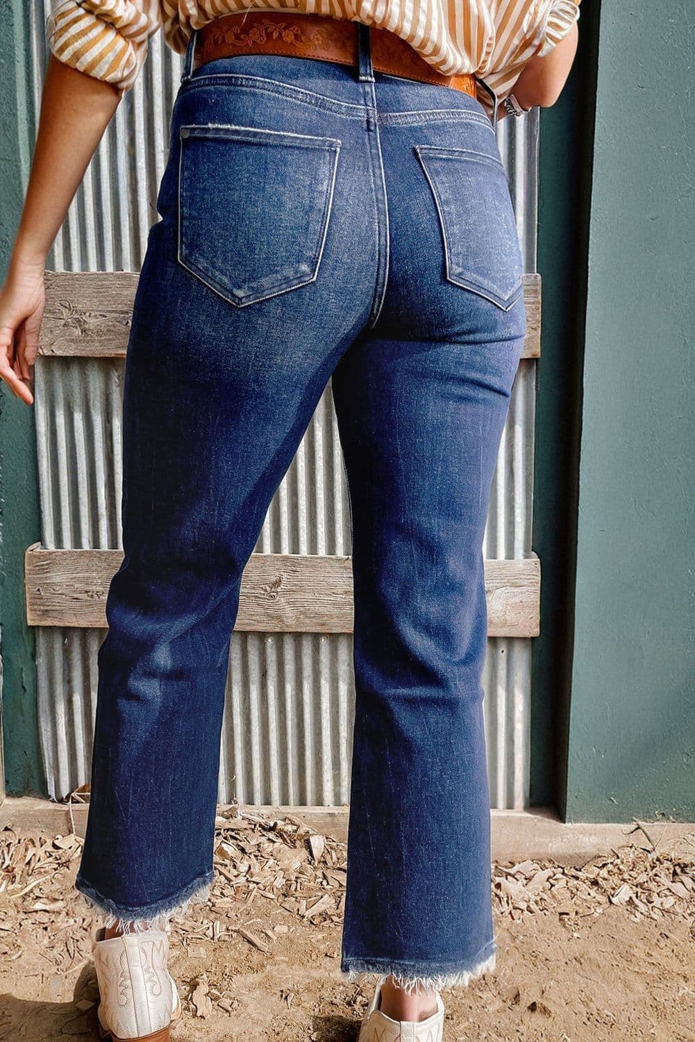 image-Beau Blue High Waist Flared Jeans - Raw Hem, Mineral Wash, 60" Modern