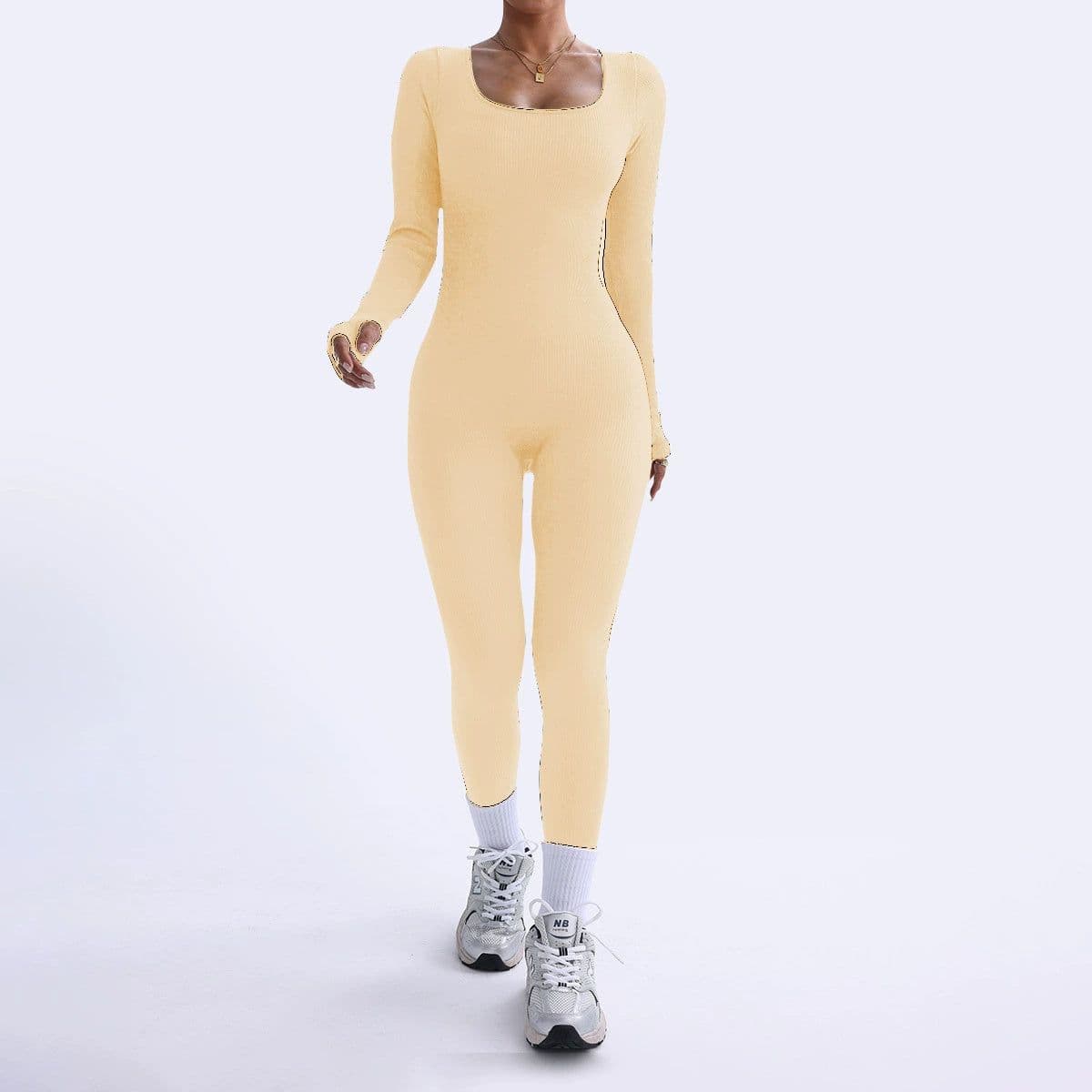 image-Threaded Square Collar Buttocks Slim Jumpsuit