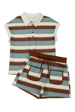 image-White Stripe Polo Tee & Drawstring Shorts Set