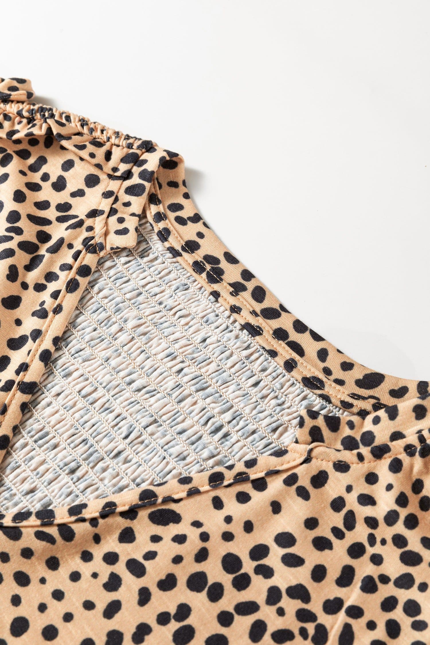 image-Apricot Cheeath Print Frilled V Neck Shirred Detail Short Sleeve Blouse