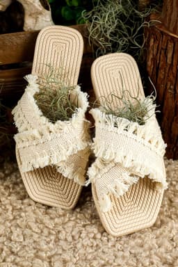 image-Woven Tassel Flat Slippers - Beige Crossed Straps