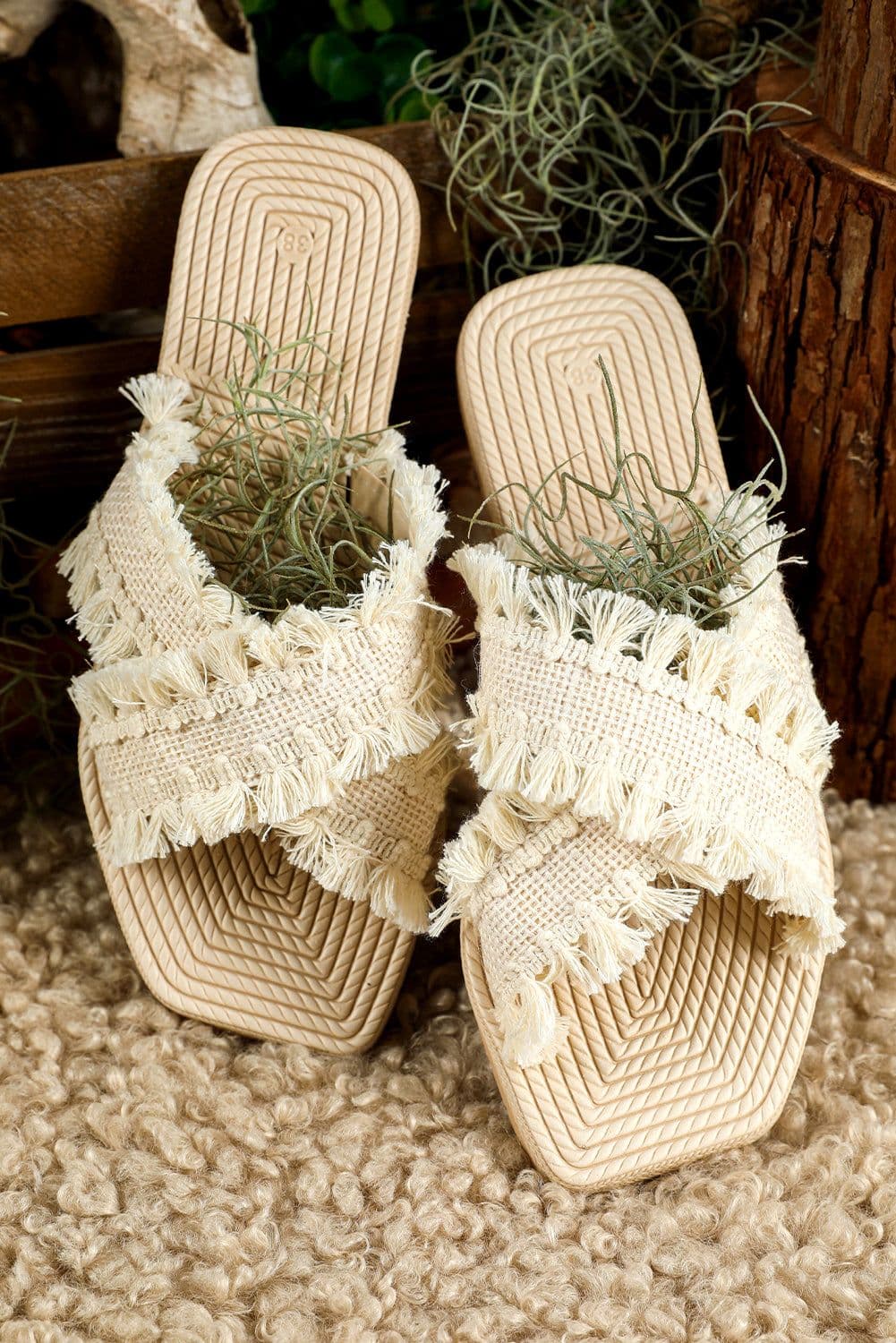 image-Woven Tassel Flat Slippers - Beige Crossed Straps