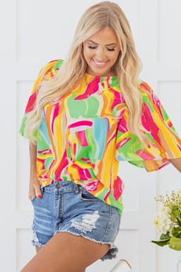 image-Multicolour Abstract Print Keyhole Back Pleated Half Sleeve Blouse
