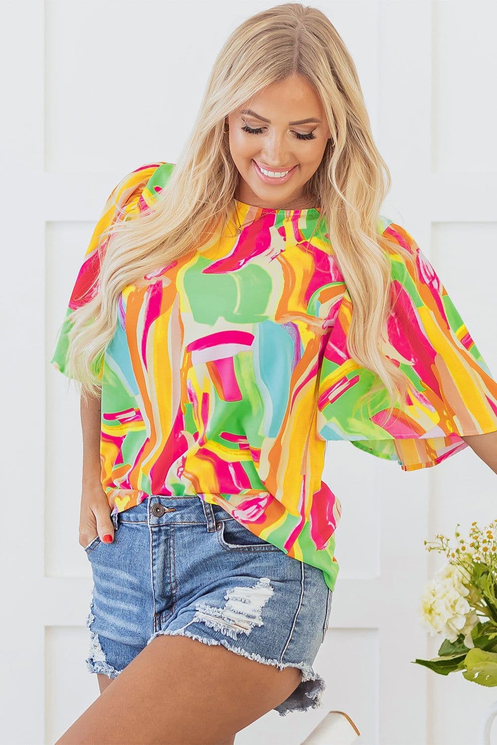 image-Multicolour Abstract Print Keyhole Back Pleated Half Sleeve Blouse