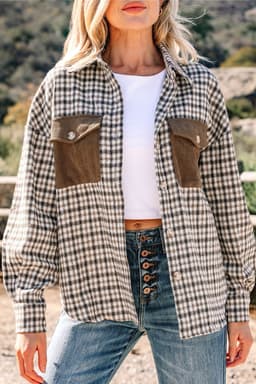image-Corduroy Plaid Patchwork Shacket with Flap Pockets