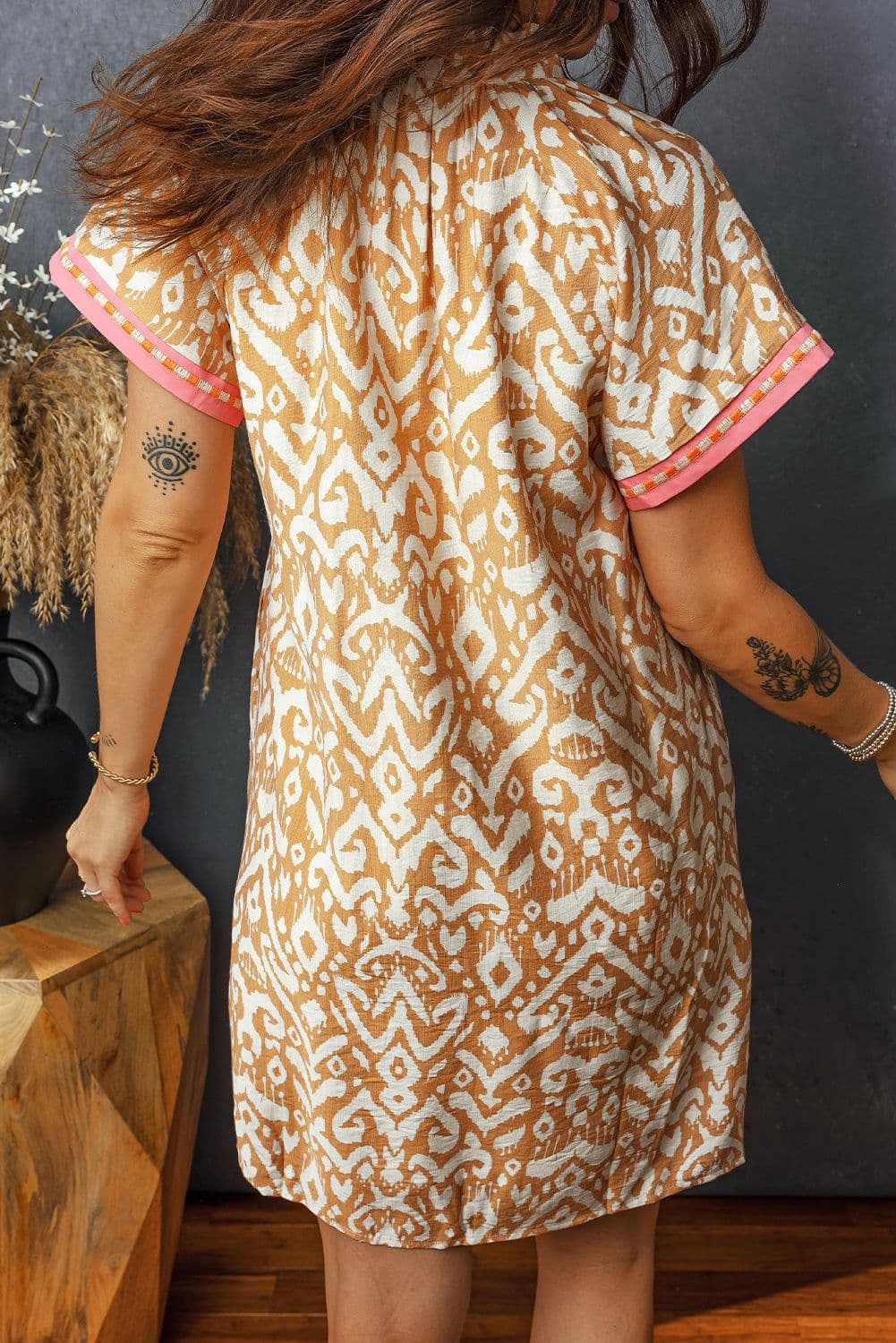image-Khaki Western Fashion Print Striped Color Block Patchwork Shift Mini Dress