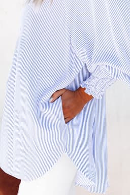 image-Sky Blue Striped Boyfriend Shirt with Pocket - Smocked Cuffs