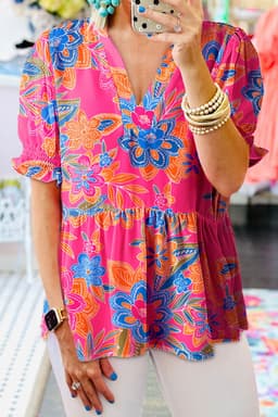 image-Rose Abstract Print Smocked Puff Sleeve V Neck Blouse