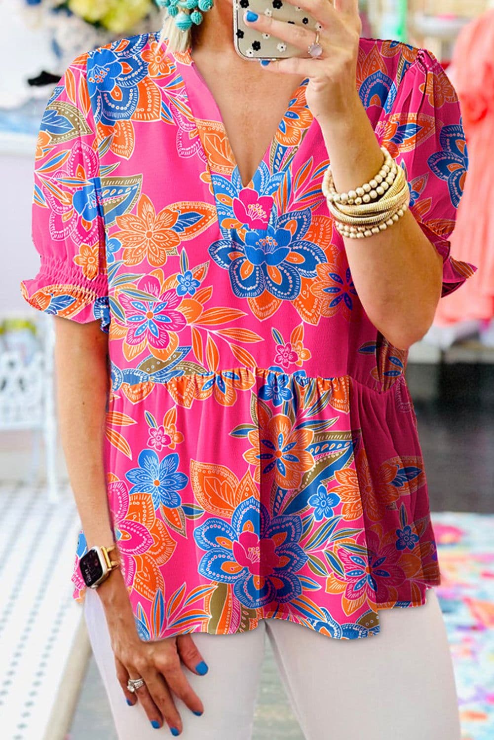 image-Rose Abstract Print Smocked Puff Sleeve V Neck Blouse