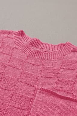 image-Pink Lattice Textured Knit Short Sleeve Sweater - Sizes S-3XL
