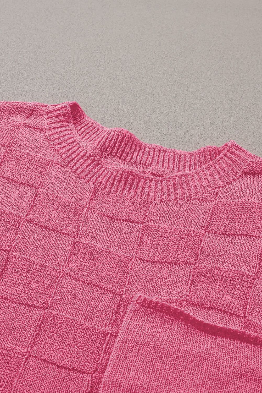 image-Pink Lattice Textured Knit Short Sleeve Sweater - Sizes S-3XL