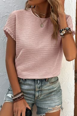 image-Light Pink Ruffled Short Sleeve Blouse - Solid Texture Elegant Design