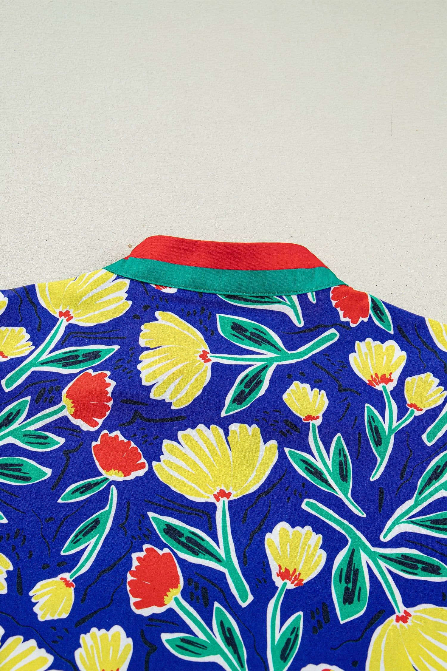 image-Blue Wild Floral Printed Contrast Striped Patchwork V Neck Short Sleeve Blouse
