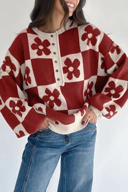 image-Thai Curry Flower Plaid Henley Baggy Sweater