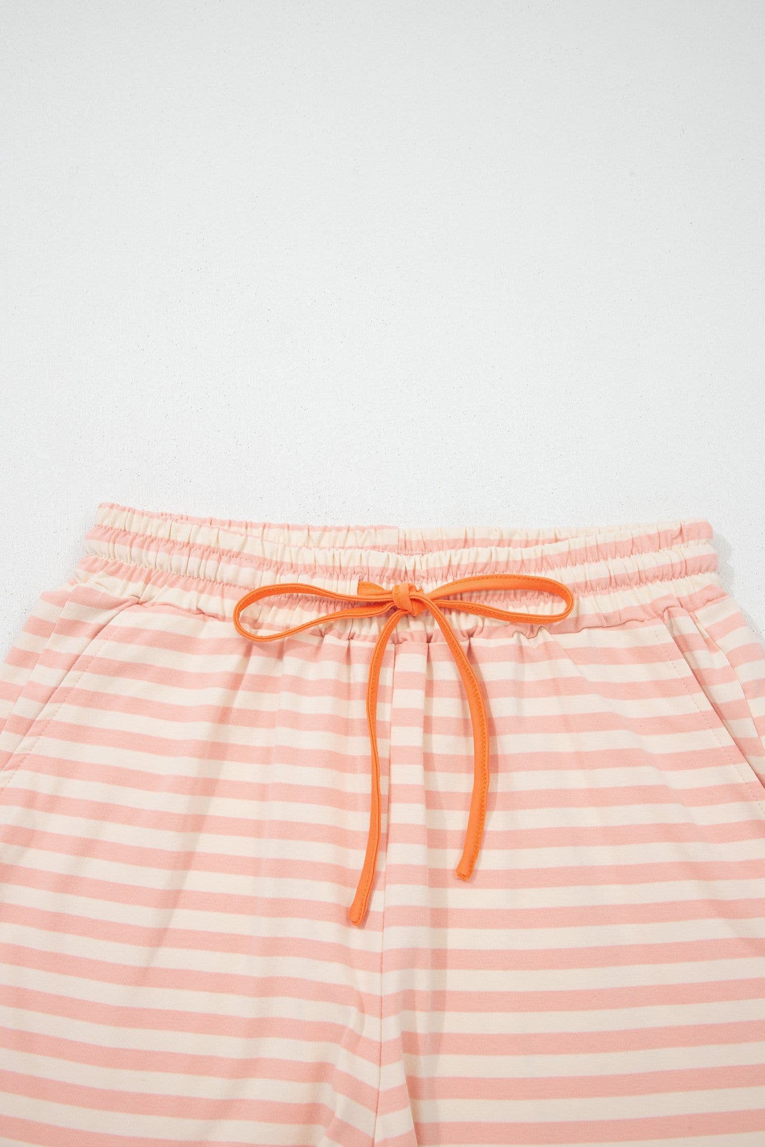 image-Pink Stripe Contrast Neck Loose Tee and Drawstring Shorts Set