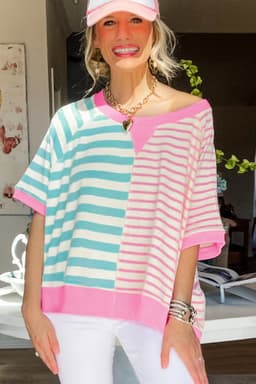 image-Pink Stripe Contrast Patchwork Oversized T-Shirt