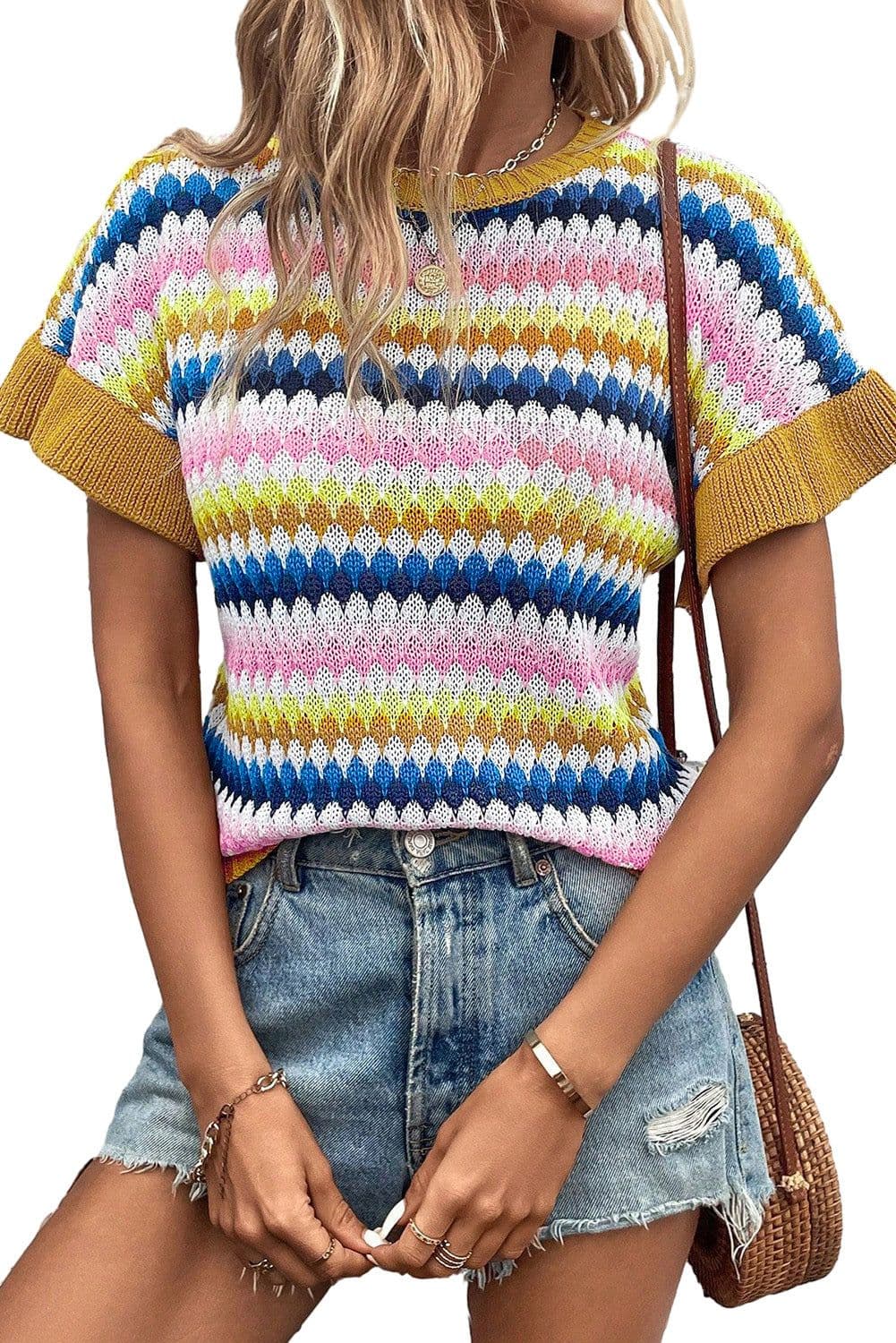 image-Fiery Red Trimmed Ruffle Sleeve Colorful Textured Sweater