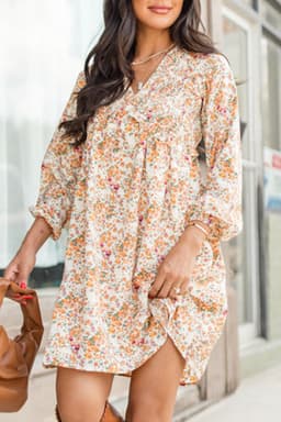 image-Yellow Floral Ruffled Empire Waist Mini Dress - Boho Style