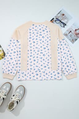 image-Beige Waffle Knit Floral Color Block Top