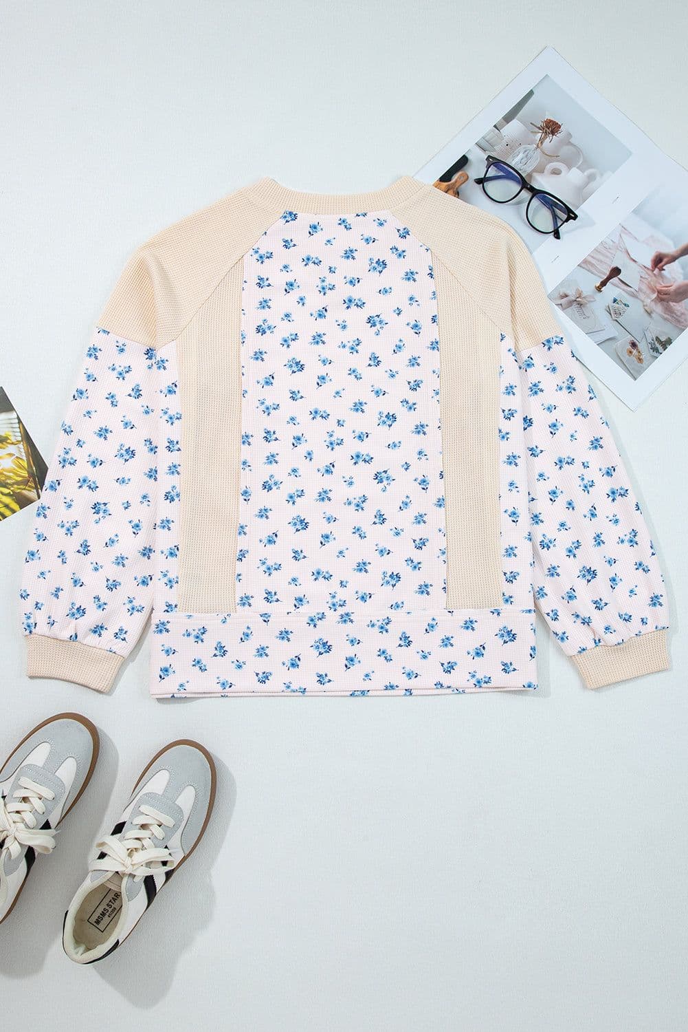image-Beige Waffle Knit Floral Color Block Top