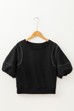 image-Black Puffy Half Sleeve Blouse with Contrast Stitches - Relaxed Fit