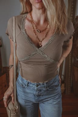 image-Slim Fit Dark Brown Criss Cross Lace V Neck T Shirt